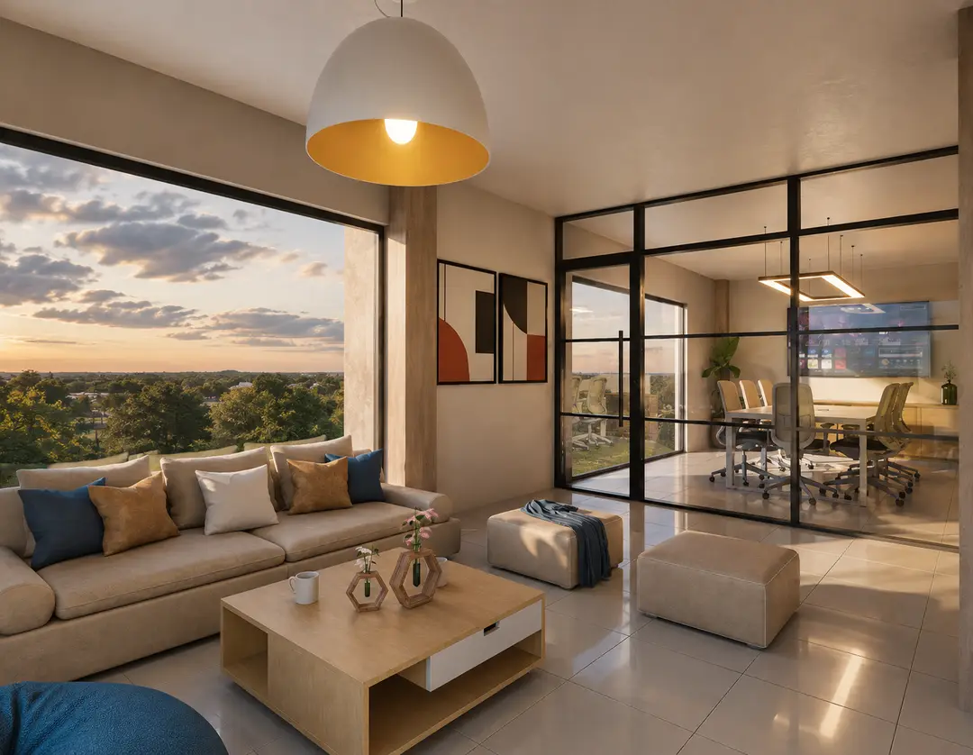 Zona lounge del coworking con sofá y ventanal de piso a techo hacia el bosque