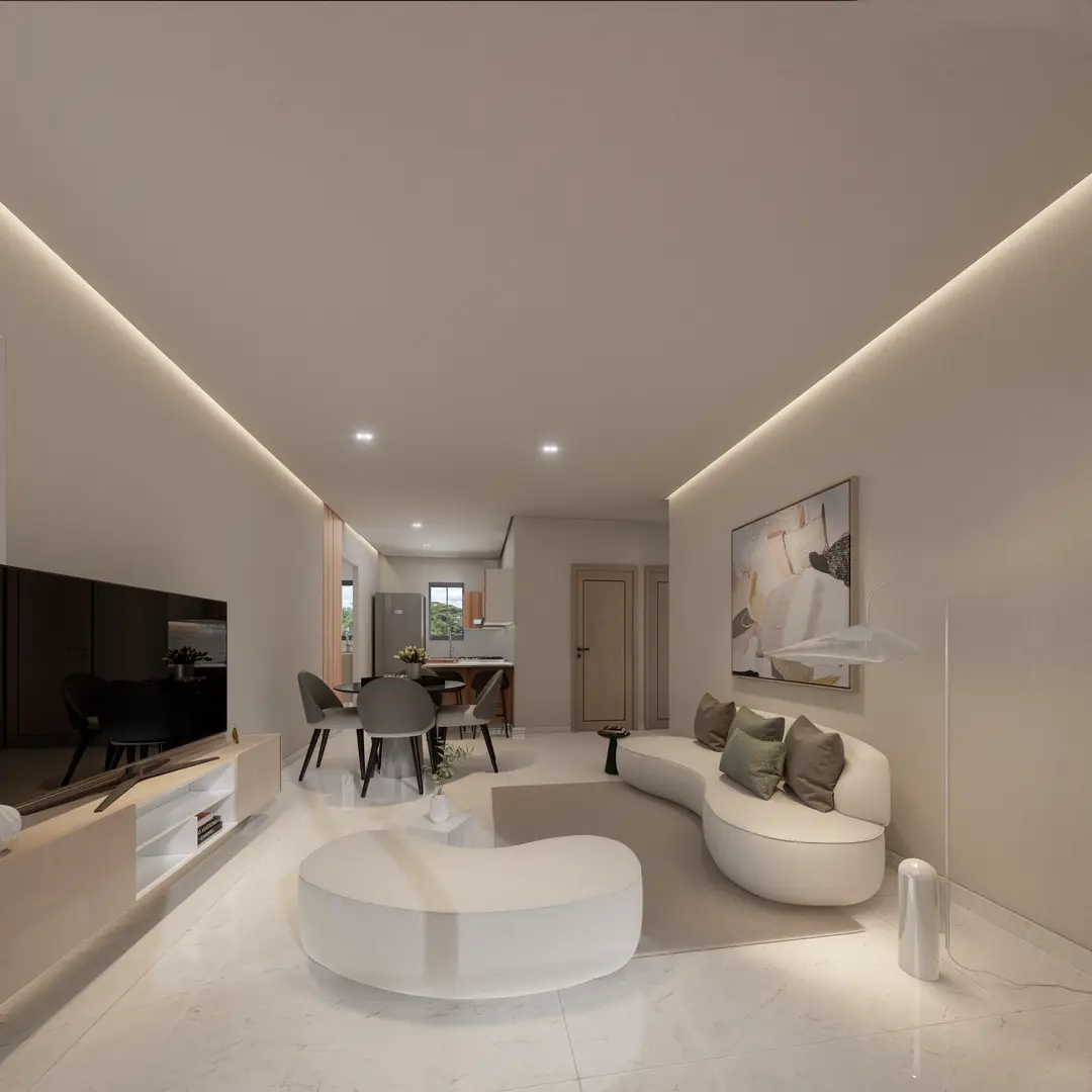 Sala, comedor y cocina integrados del apartamento de 2 habitaciones