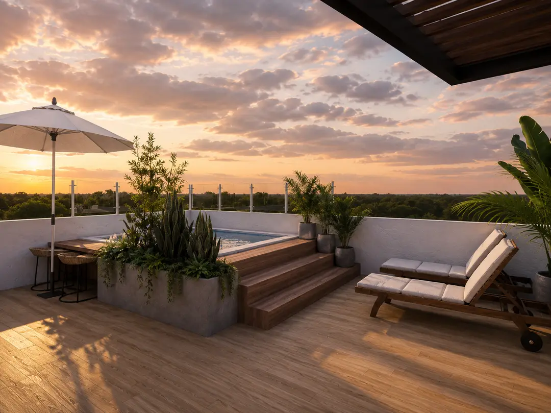 Picuzzi elevado del rooftop con escalones de madera y camastros